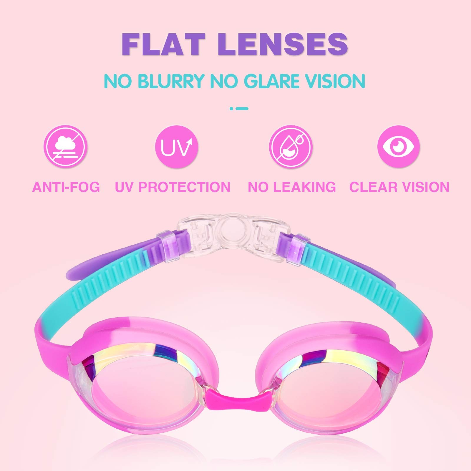 Keary 2 Pack Kids Swim Goggles Swimming 1, Mirrored Purple & Pink(2 Pack)