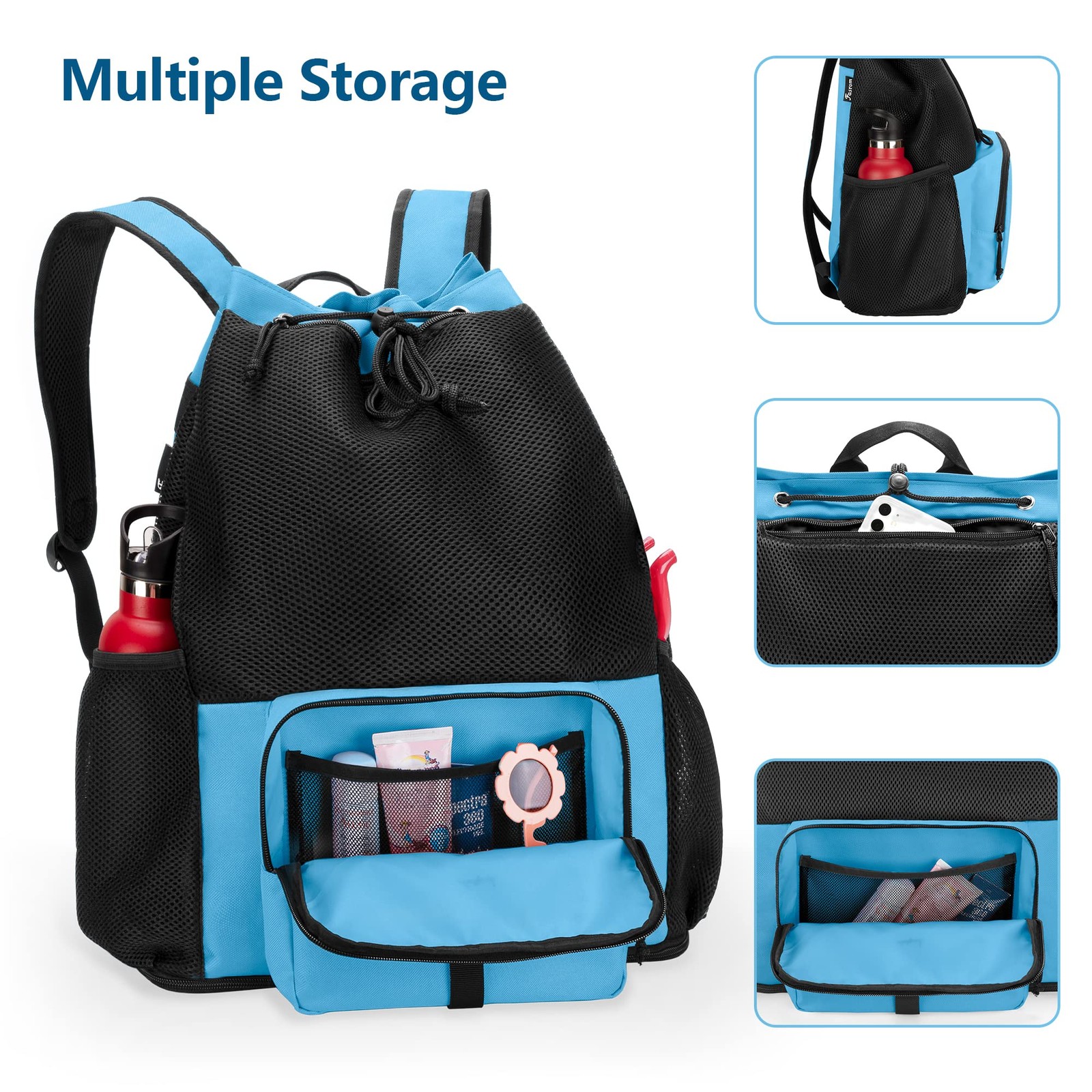 Fasrom Mesh Beach Bag Backpack with Zipper Bottom, Sport Gym X-Large, Blue