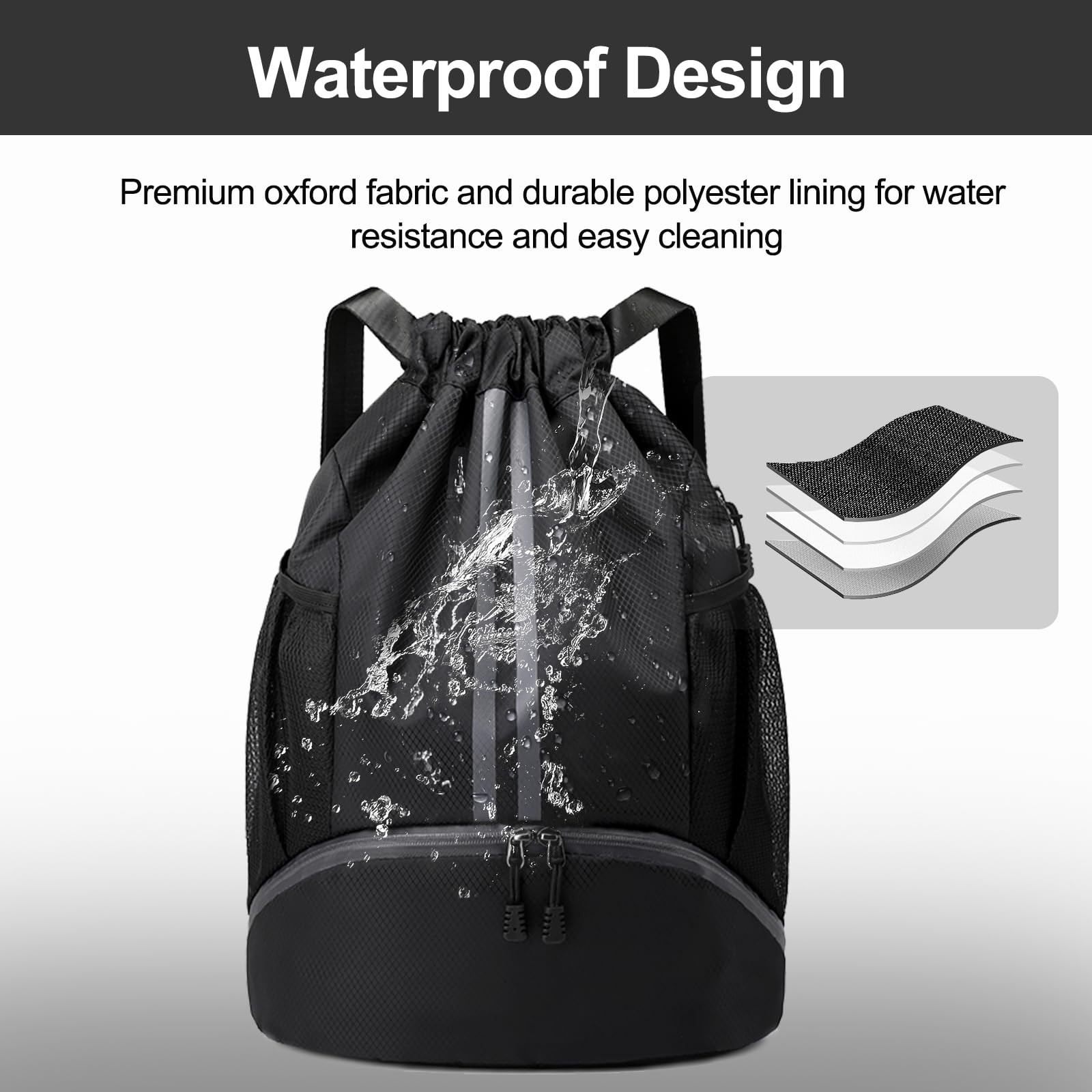 Hoedia Sports Drawstring Backpack – String Swim Gym Bag with Large, Black