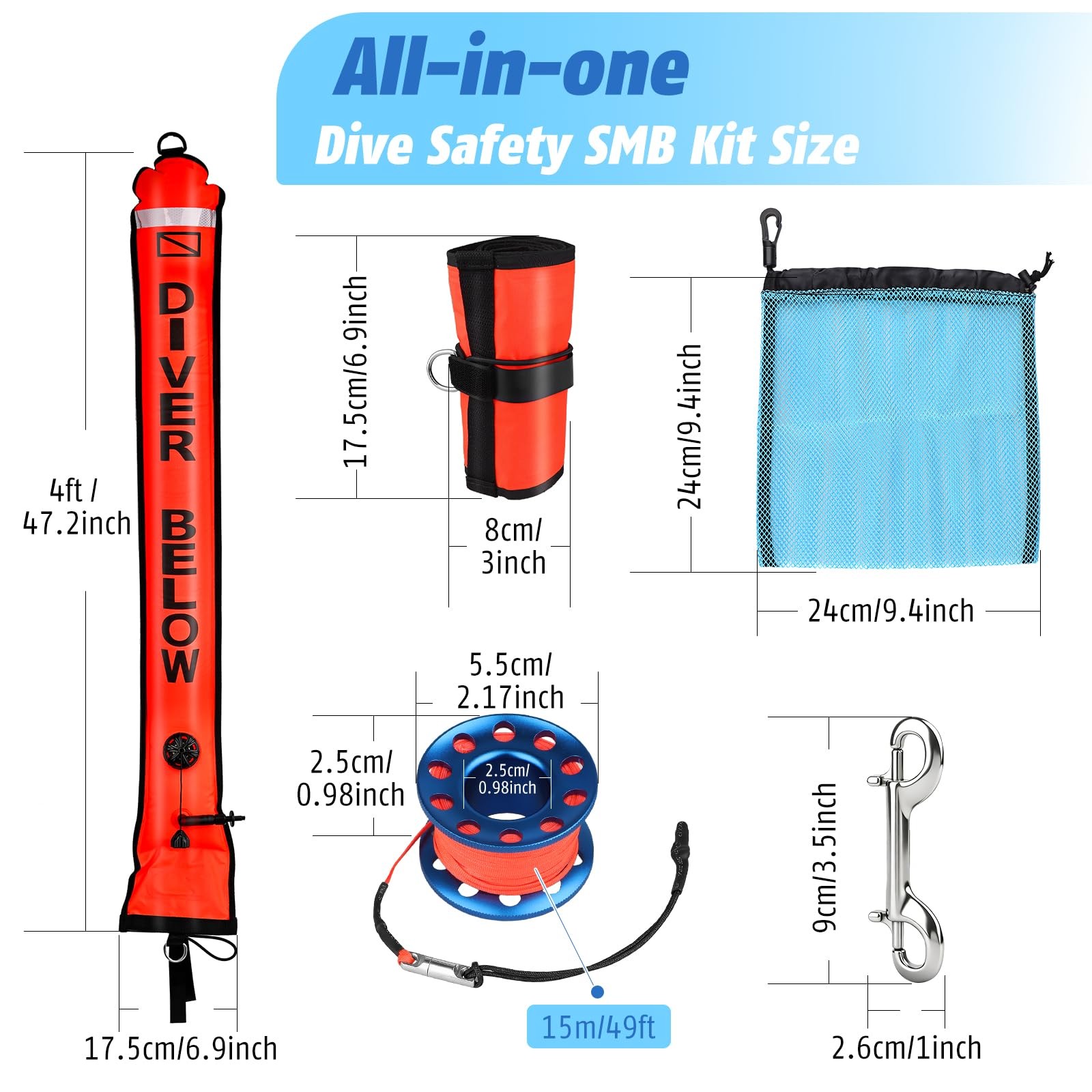 Scuba Diving SMB Kit, 4FT DSMB Surface Marker Buoy, 49ft Finger Spool Reel+Bo…