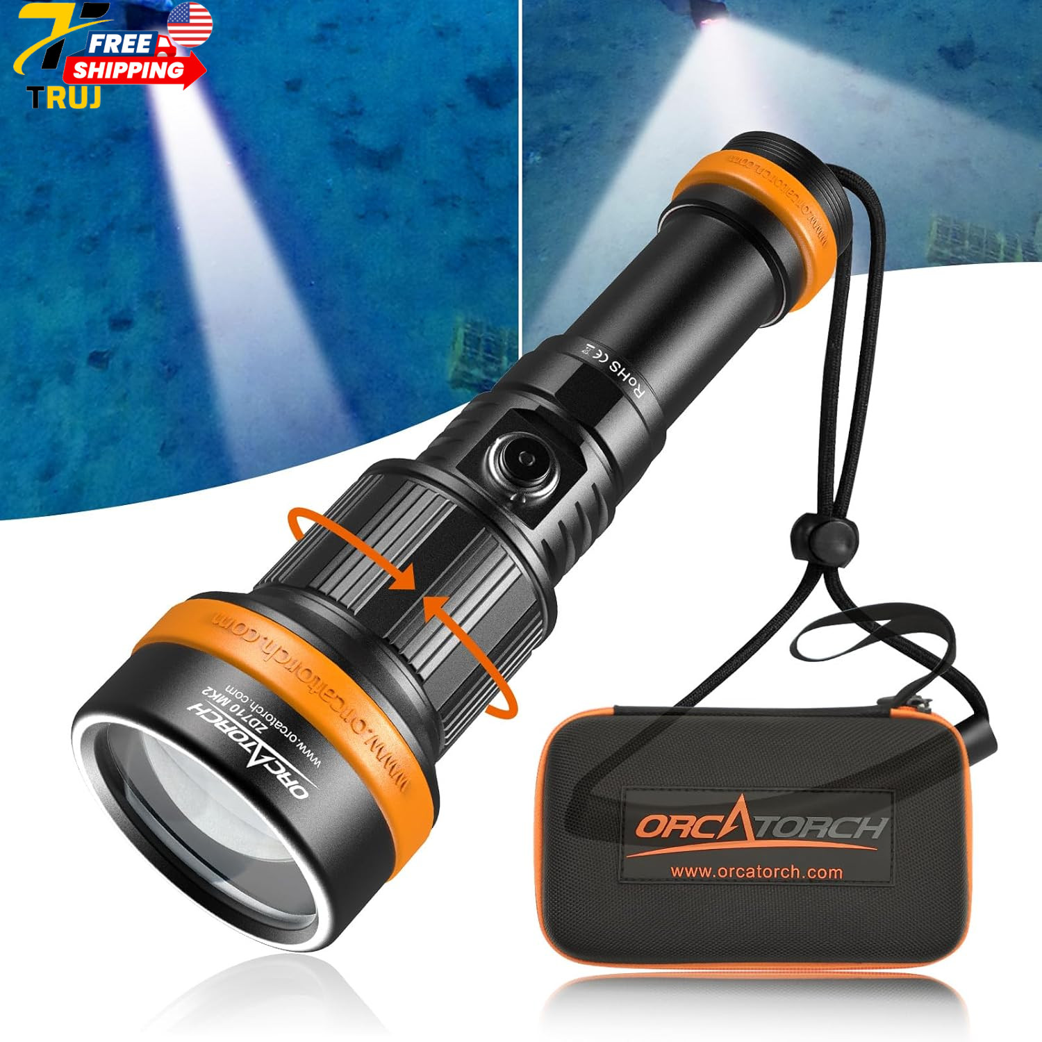 ORCATORCH ZD710 MK2 2-in-1 Zoomable Dive Light 4-72 Degrees Adjustable Beam