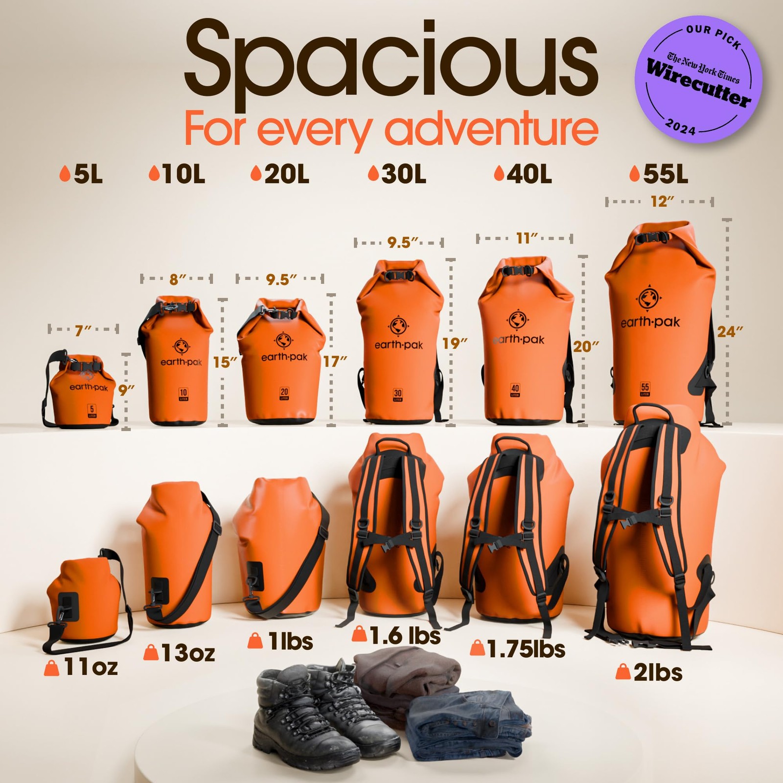 Earth Pak Waterproof Dry Bag – Roll Top Backpack Sack 40L, Orange
