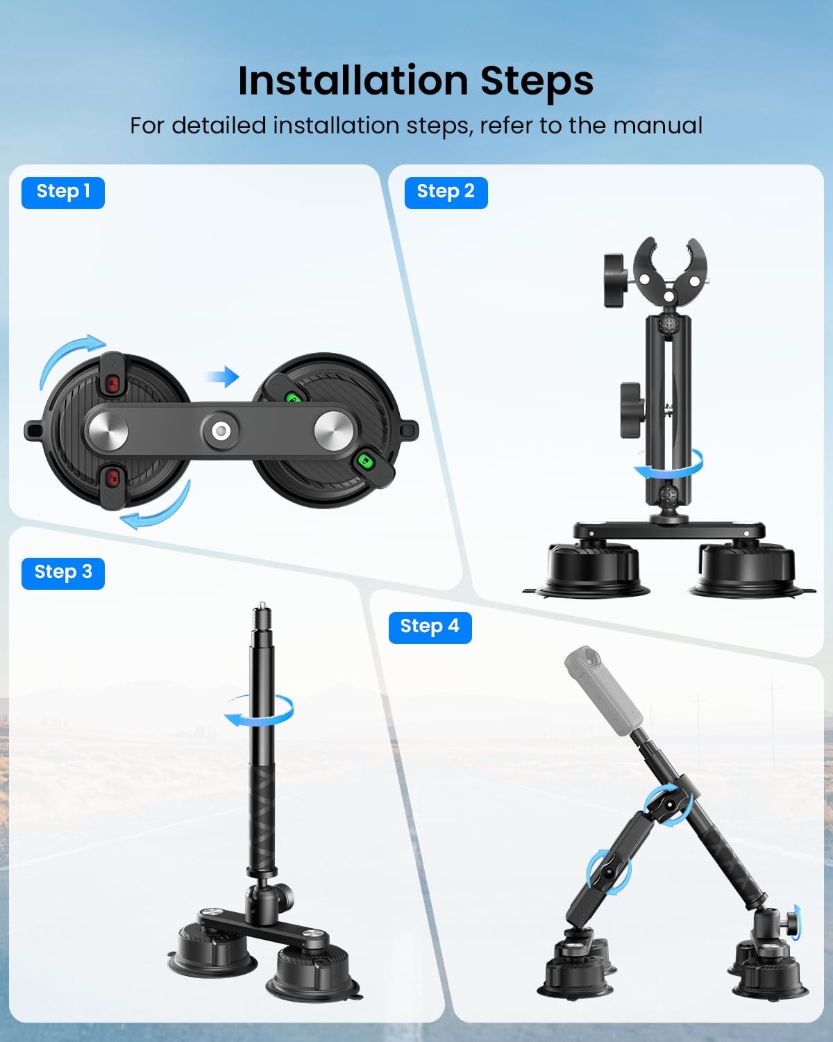 Maectech Four Suction Cup Car Mount Kit for Insta360 Black