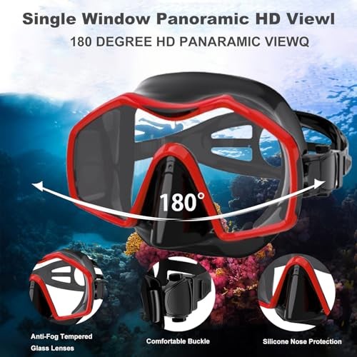 Snorkeling Gear for Adults,Mask Fins Snorkel Set,Panoramic Small-Medium Red