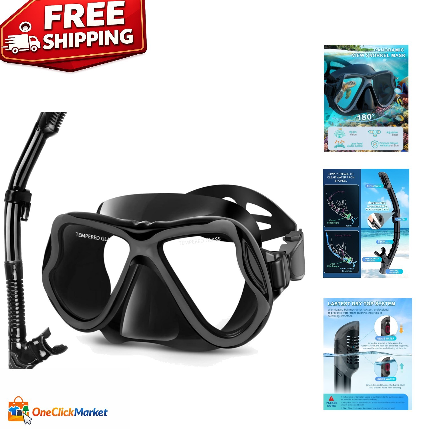 Panoramic Dry Snorkel Set for Adults & Kids – Comfortable Anti-Fog Mask Included