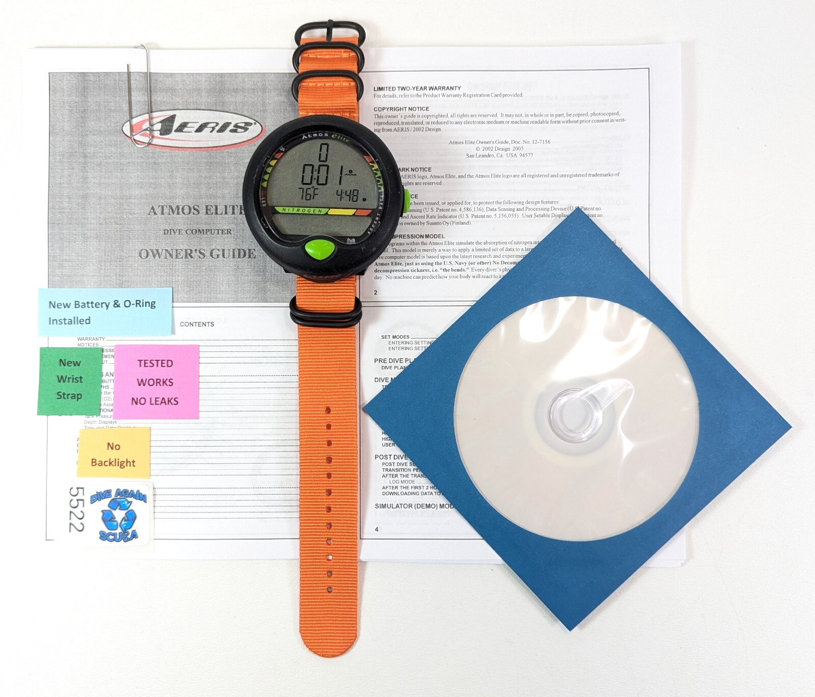 Aeris Atmos Elite Wrist Wireless Hoseless Nitrox Scuba Dive Computer Orange 5222