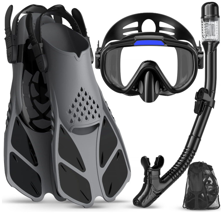 Set de snorkel 4 en 1 con máscara panorámica, aletas y bolsa de viaje, Nuevo