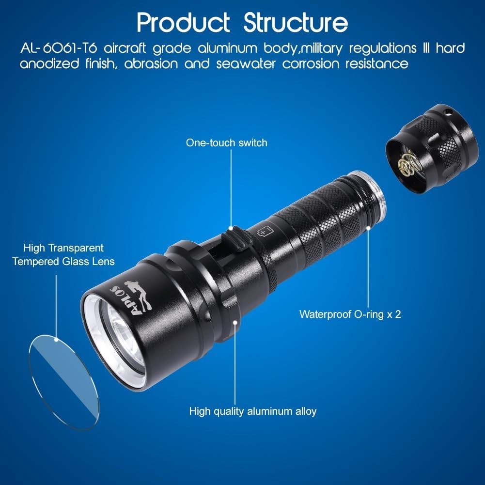 2000 Lumens Waterproof Scuba Diving Flashlight Durable Rechargeable Battery