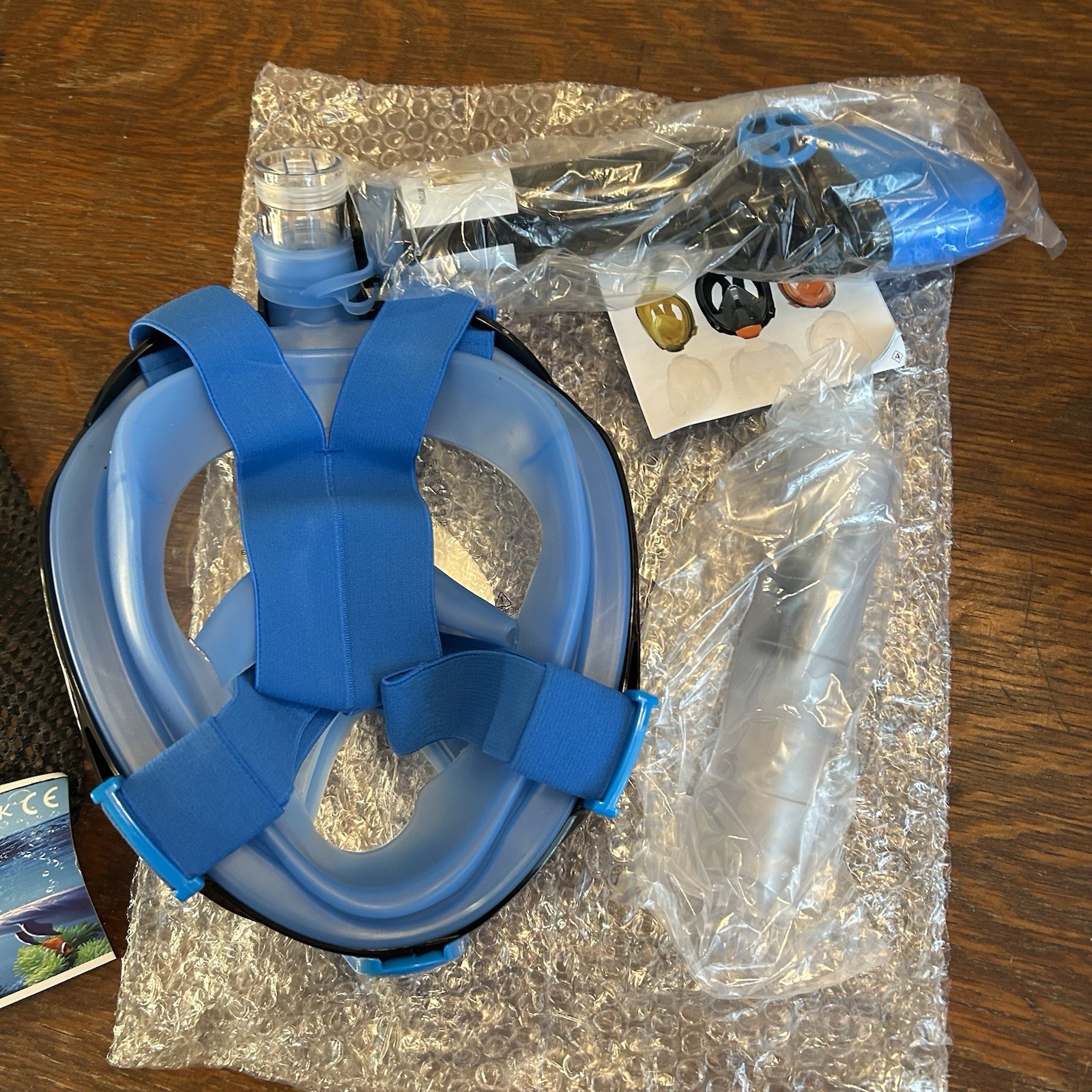 Full Face Snorkel Mask Adult Size L/XL Blue W Storage Bag, Manual, Accessories