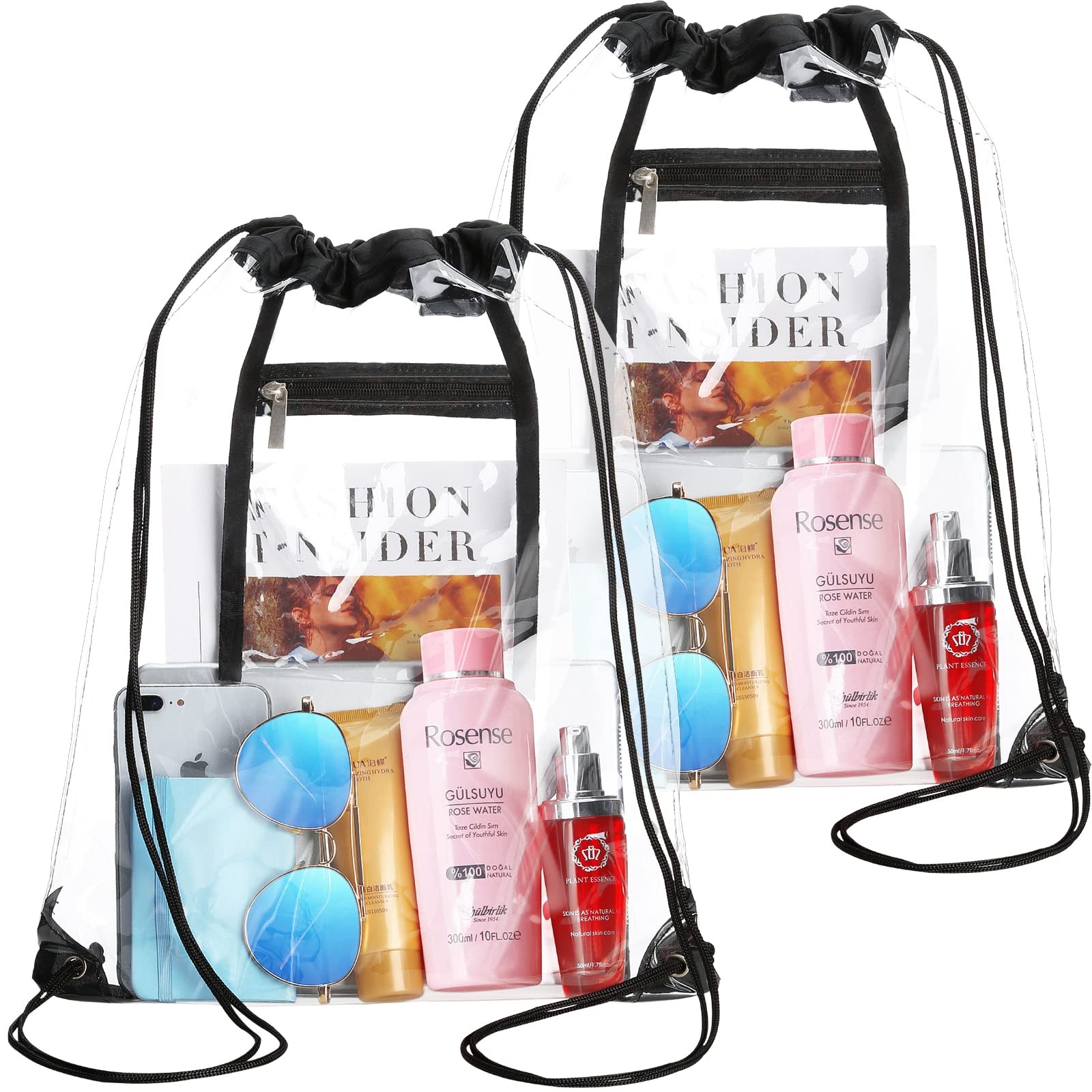 2 PACK Clear Drawstring Bag Stadium Approved, See Through PVC One Size, Black