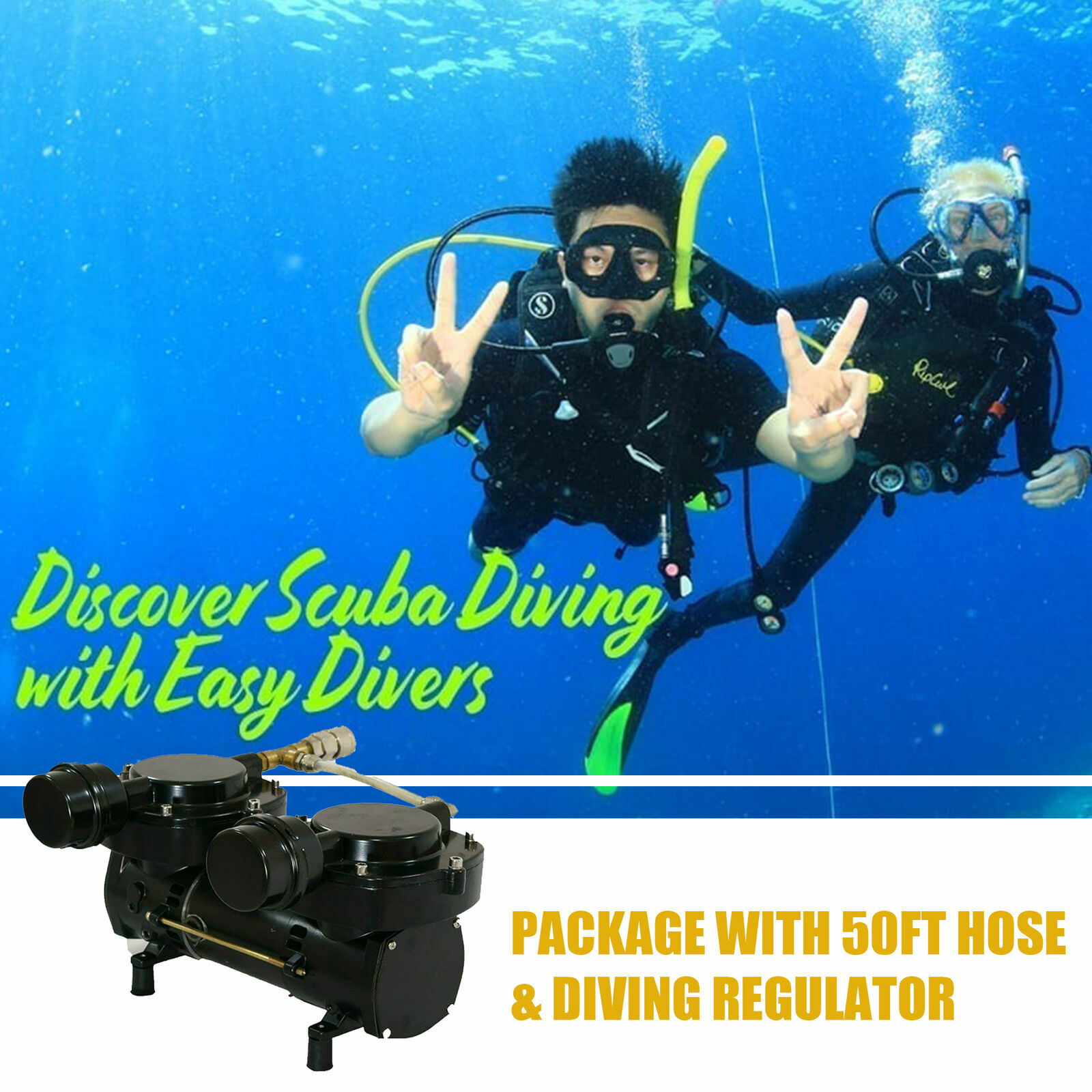 HPDAVV Direct Breath 12V Oil-less Hookah Dive Air Compressor W/ Hose+Regulator