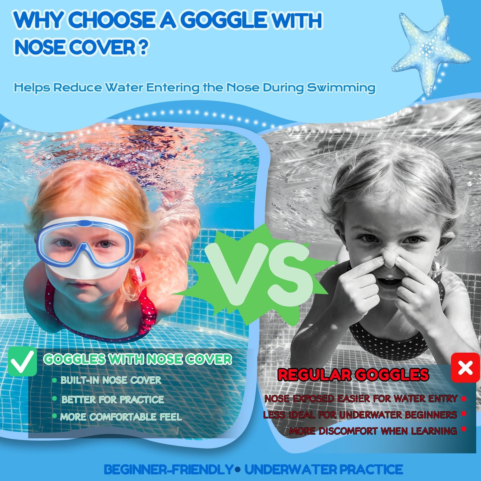 Seago Kids Swim Goggles 2 Pack for 3-12, One Size, Pink Green & Blue White