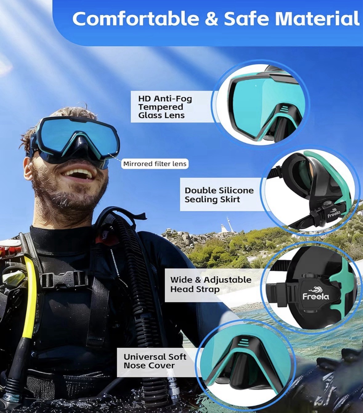 Adult Dry Snorkel Set Anti Fog No Leak Tempered Glass Blue Lens Mask
