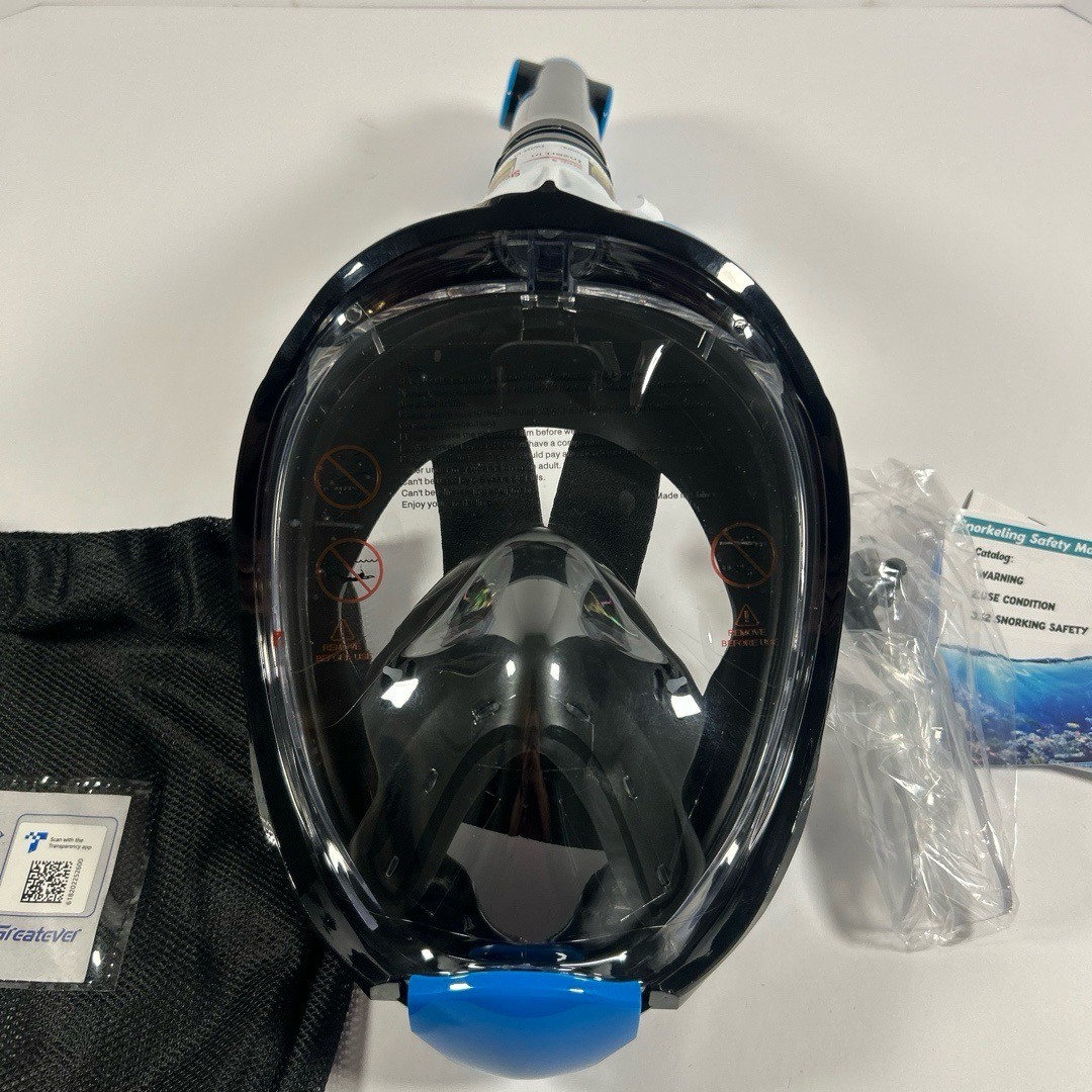 NEW Greatever Full Face Snorkle Mask Black Blue 180 Panoramic Anti-Fog Water