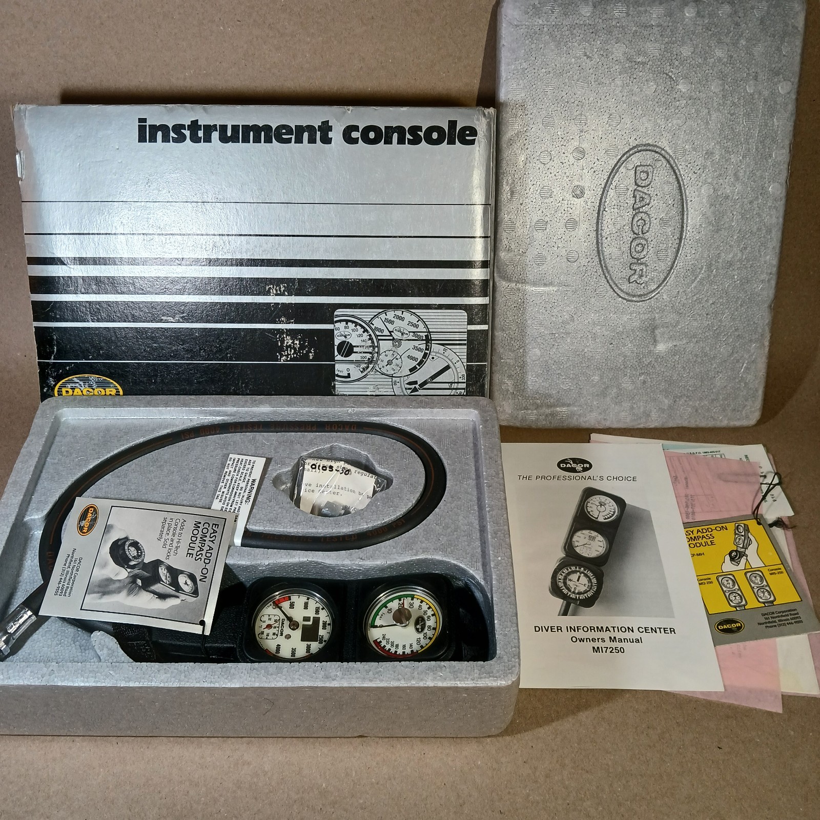 Dacor Vintage Dive Gauge Console SPG 240ft Depth 4000psi Brand New w/ Documents