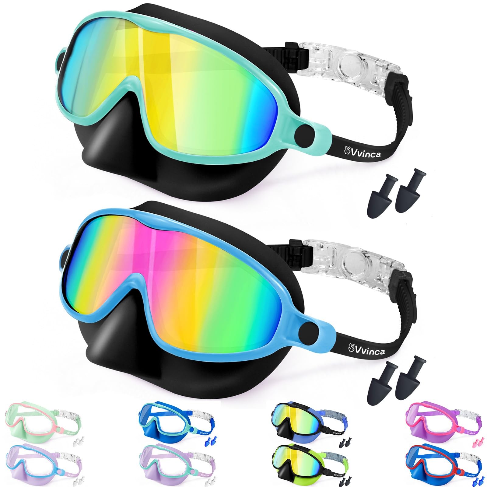 Vvinca Swim Goggles Medium for kids 3-12 years, 01-black Green& Black Blue
