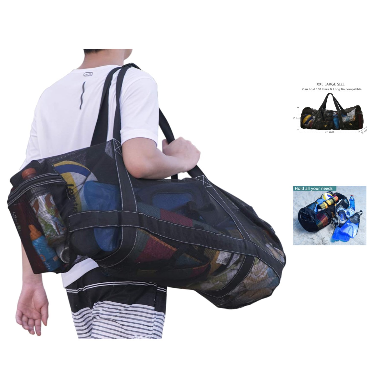 136L XXL Mesh Carryall Bag for Diving & Water Sports – Zippered Compartments