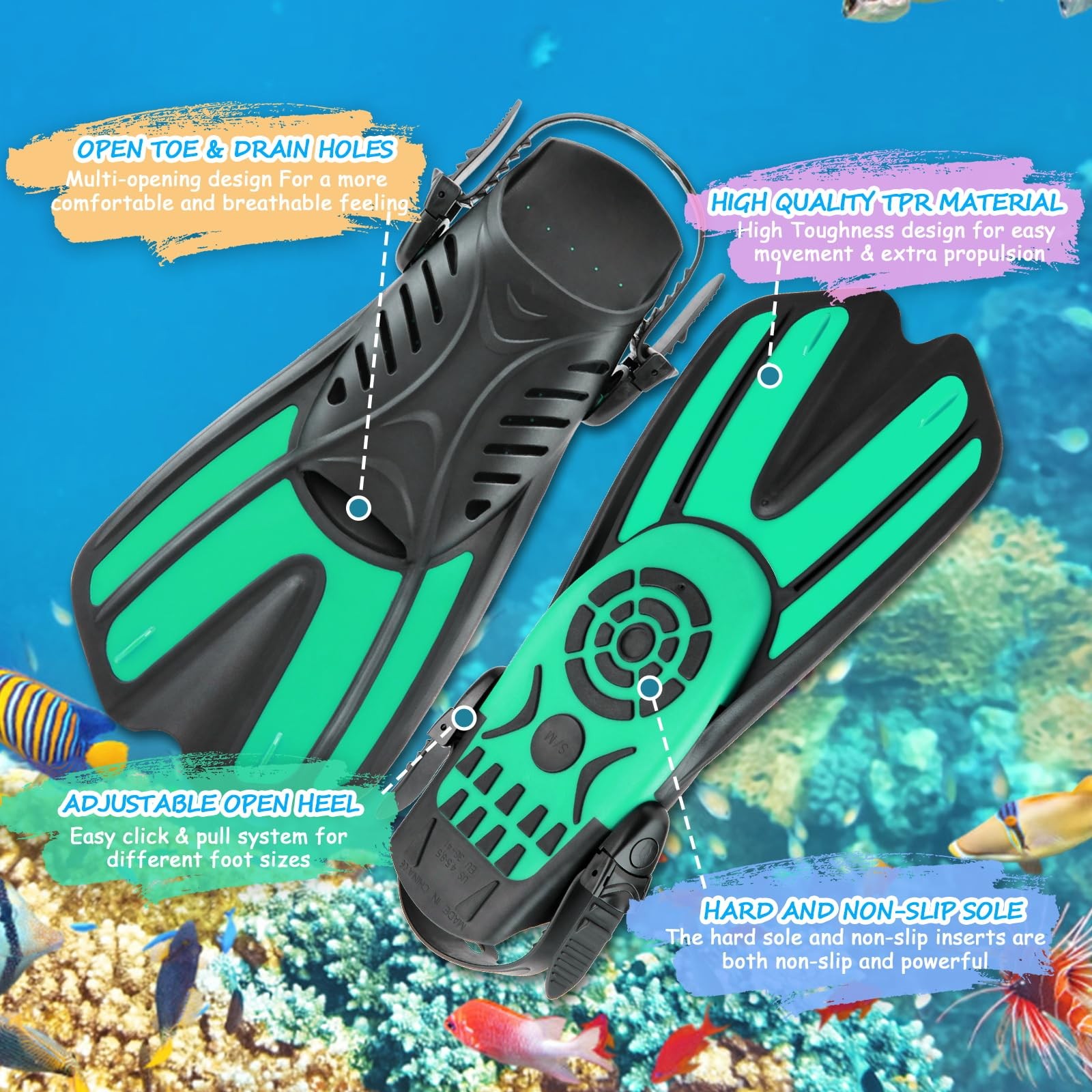 CTSAYTL Snorkeling Gear for Kids, 4 1-4(32-36) With Fins, Turquoise-(4 in1)
