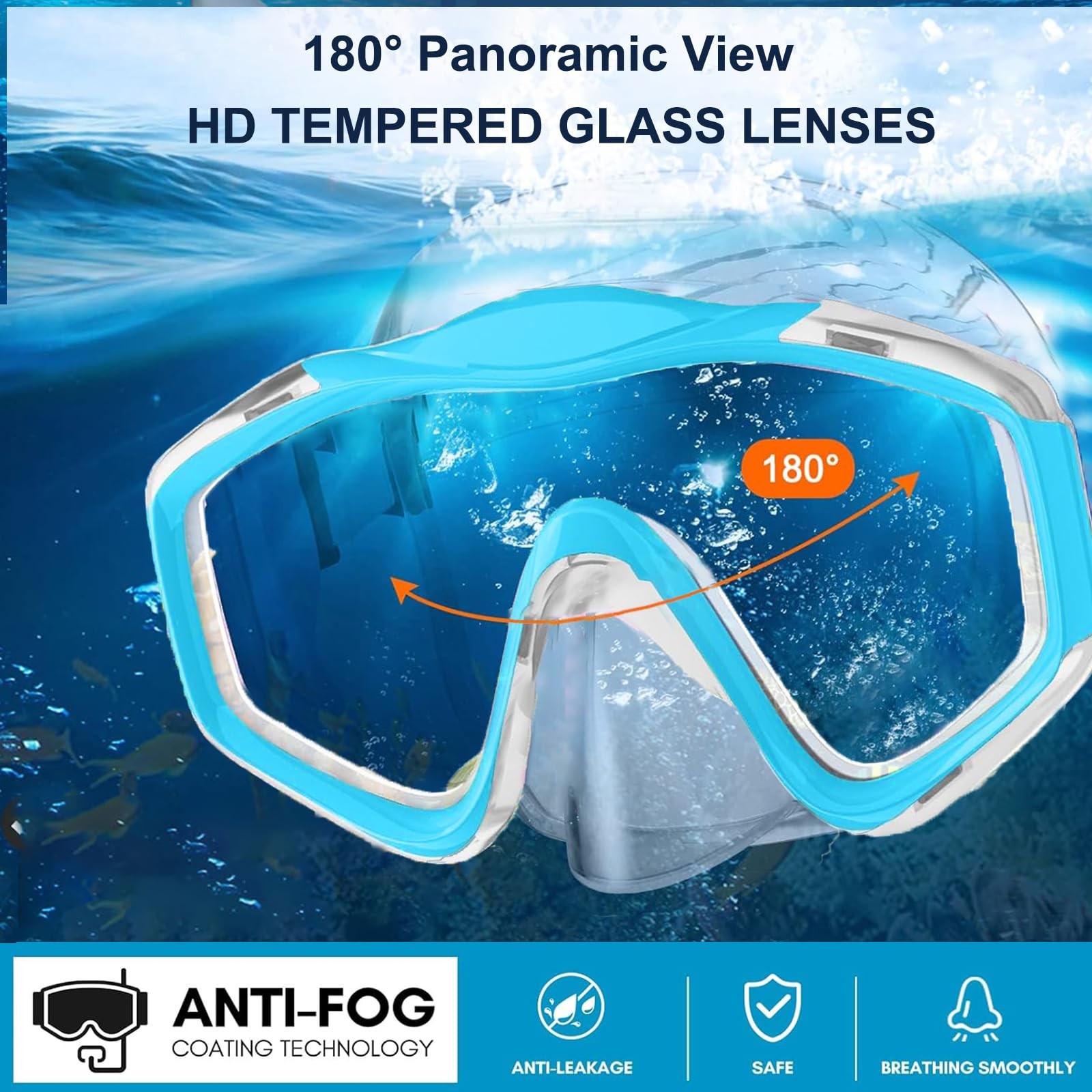 Snorkeling Gear for Adults,Dry-Top Snorkel Set with Tempered Blue