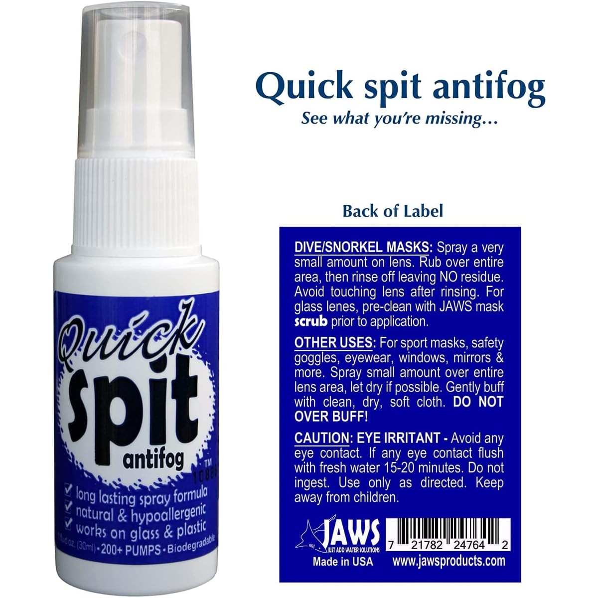 Jaws Just Add Water Solutions Jaws Premium Anti-Fog Spray For Eye Glasses