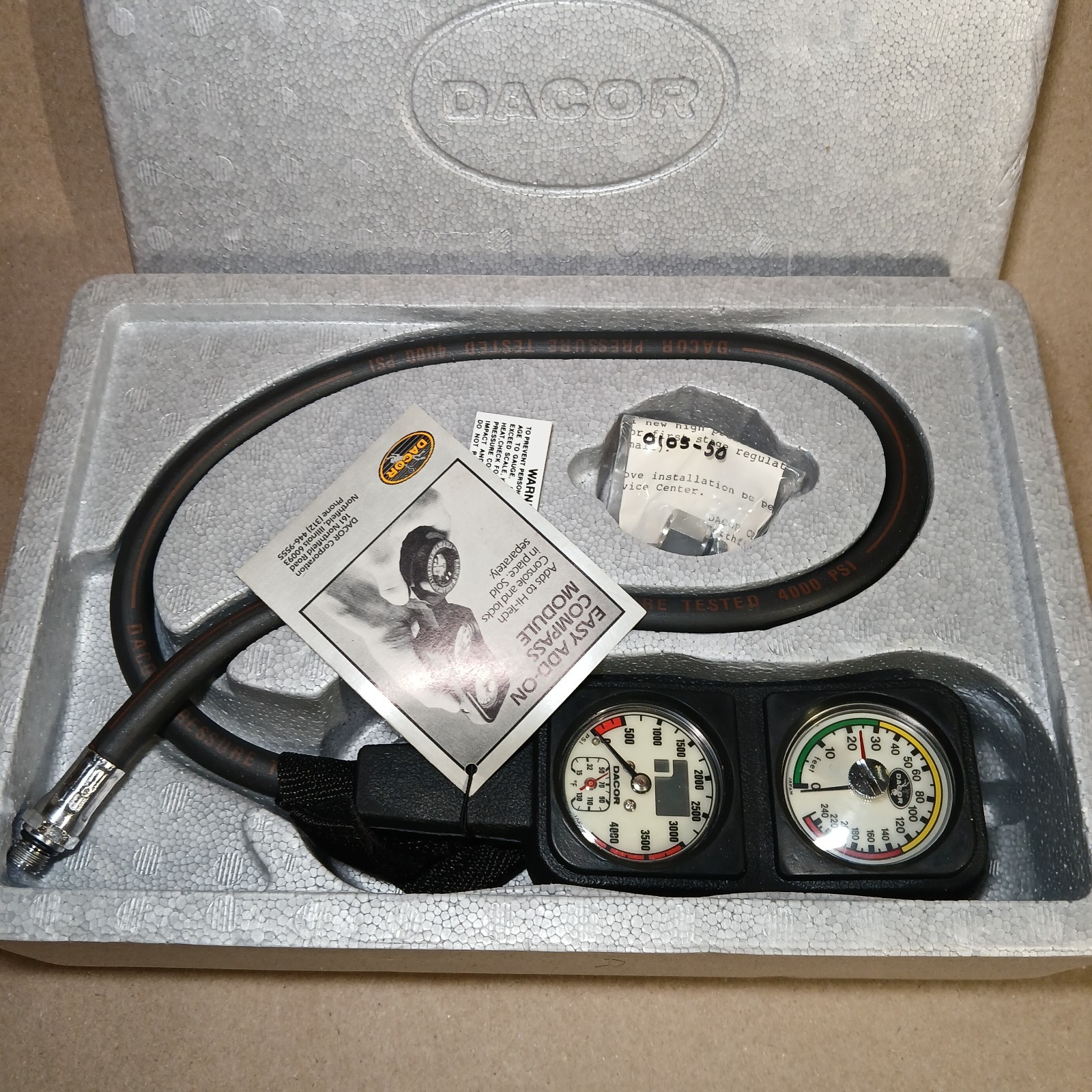 Dacor Vintage Dive Gauge Console SPG 240ft Depth 4000psi Brand New w/ Documents