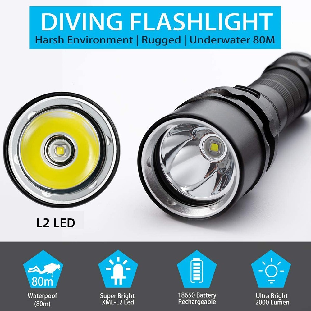 Diving Flashlight Torch L2 LED Light Waterproof 50M Deep Underwater Lamp ABS
