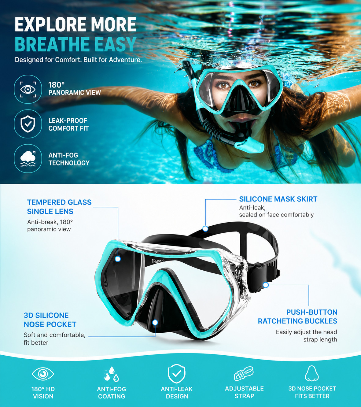 Snorkeling Gear for Adults, Snorkel Mask Adult Snorkel Set, Anti-Fog Scuba Divin