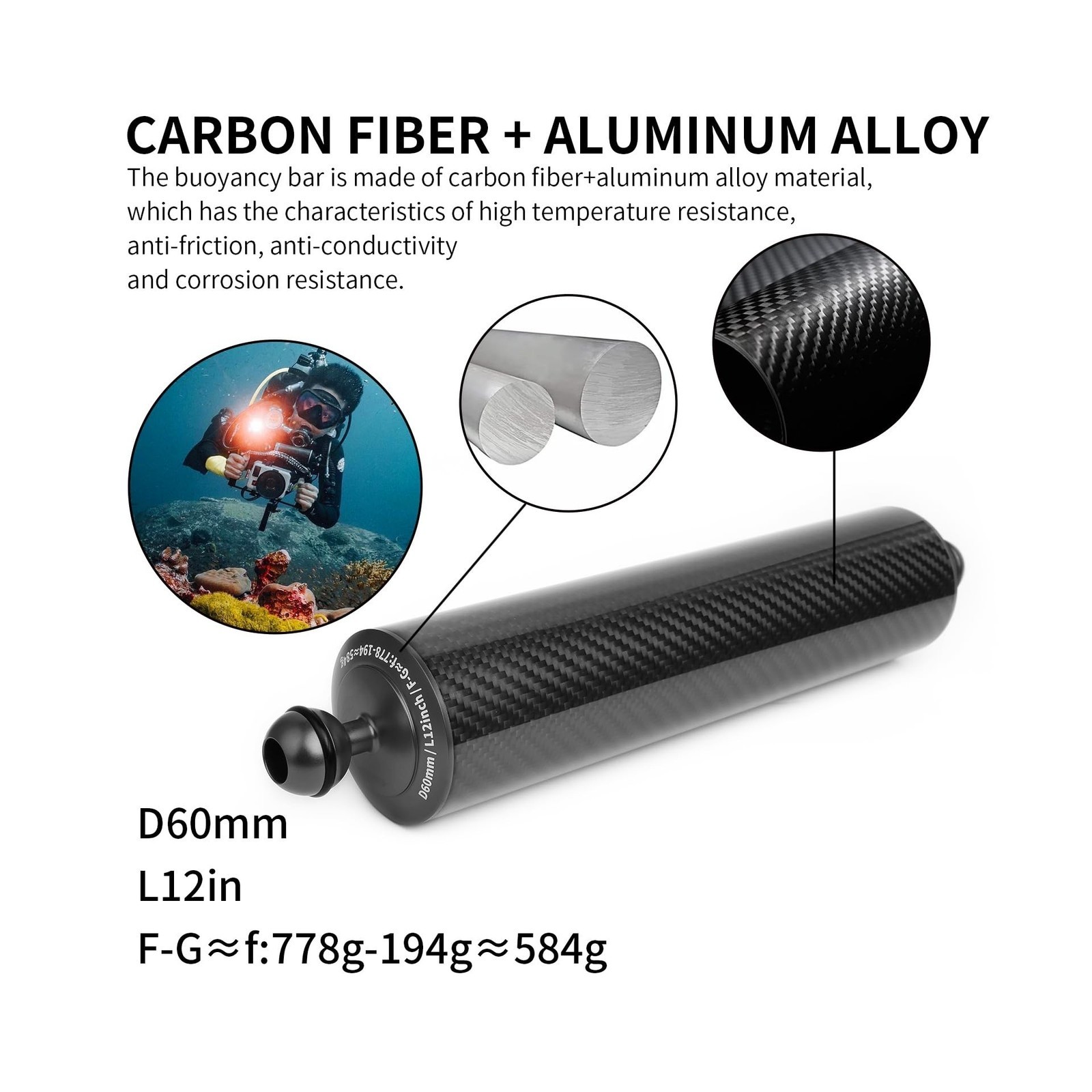 D60 5″-12″ Carbon Fiber Hollow Double Ball Head Underwater Floating Buoyancy Arm
