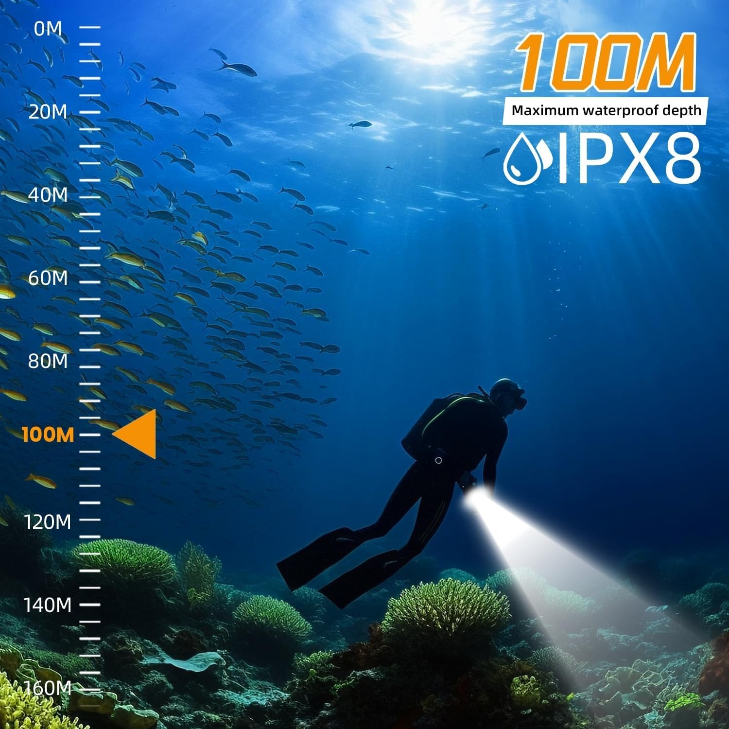 DL02 Scuba Diving Light,3000 Lumens 6500K Dive Light with Rotary Magnetic Switch