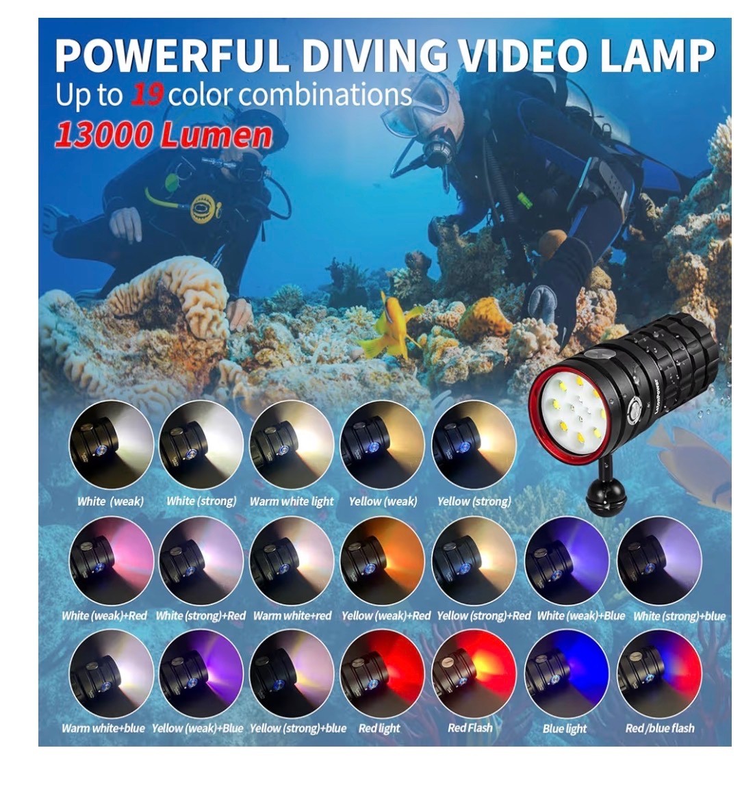 Turbo S Pro Dive Light, 13000Lumens 100m Underwater Video Light,Diving Flashl…