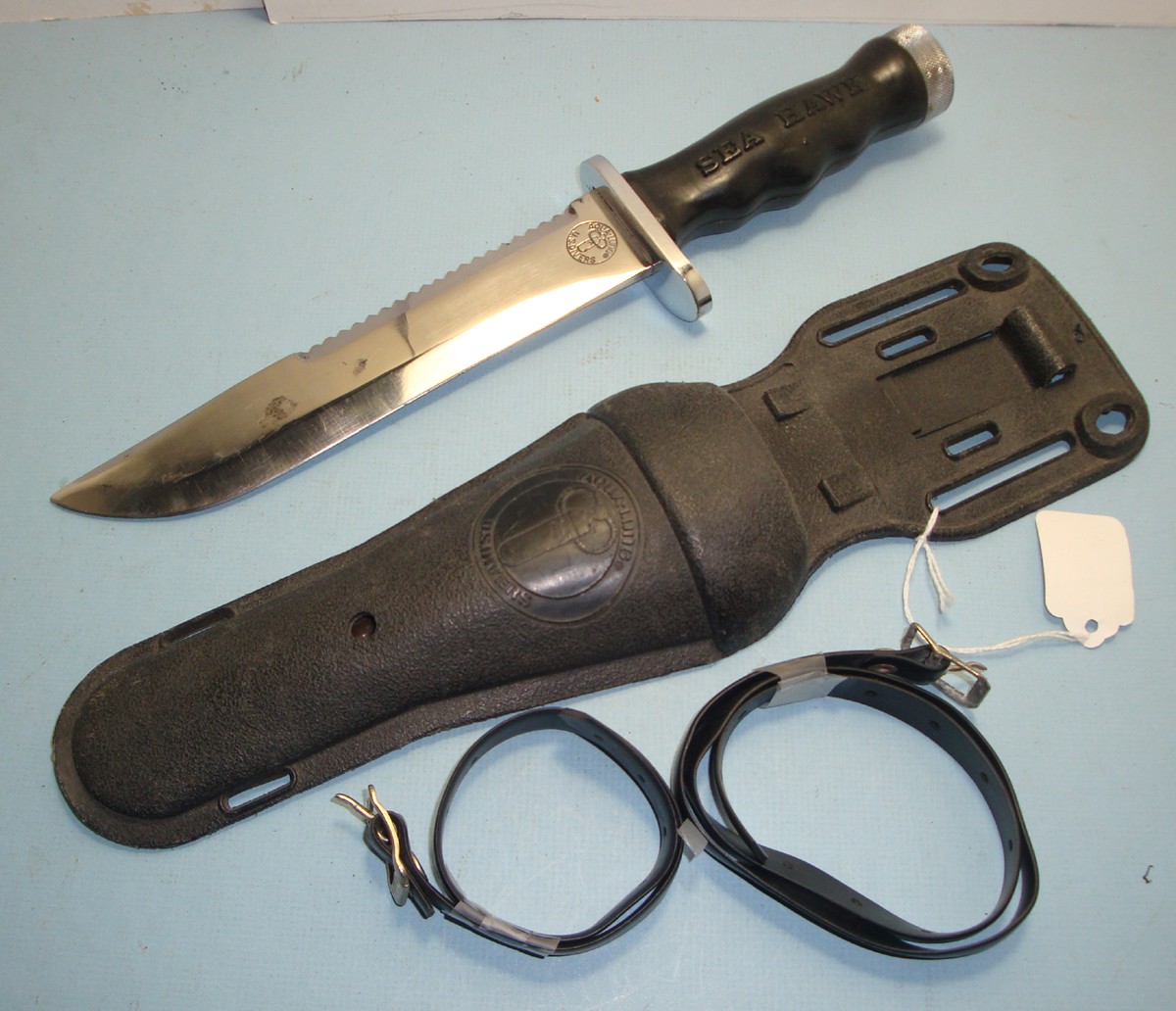 VINTAGE STAINLESS US DIVERS DIVE KNIFE SEA HAWK AQUALUNG WITH SHEATH STRAPS #36