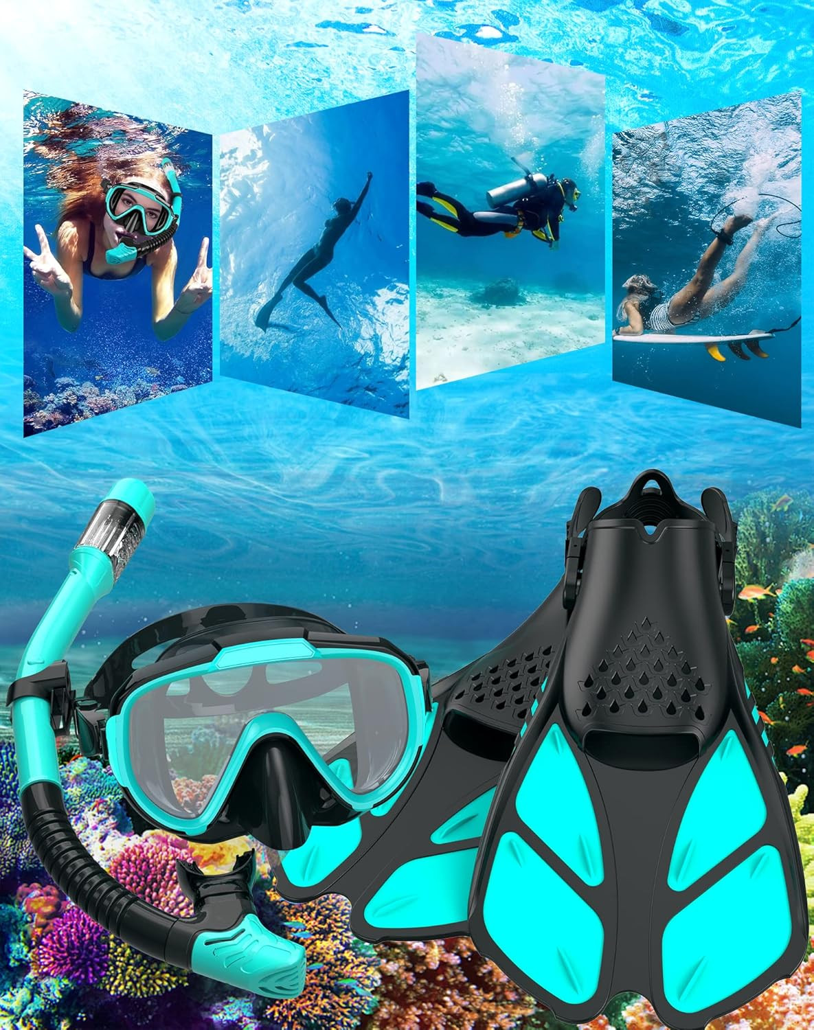 Snorkeling Gear for Adults Men Women,4 in 1 Snorkel Set with Panoramic View Divi