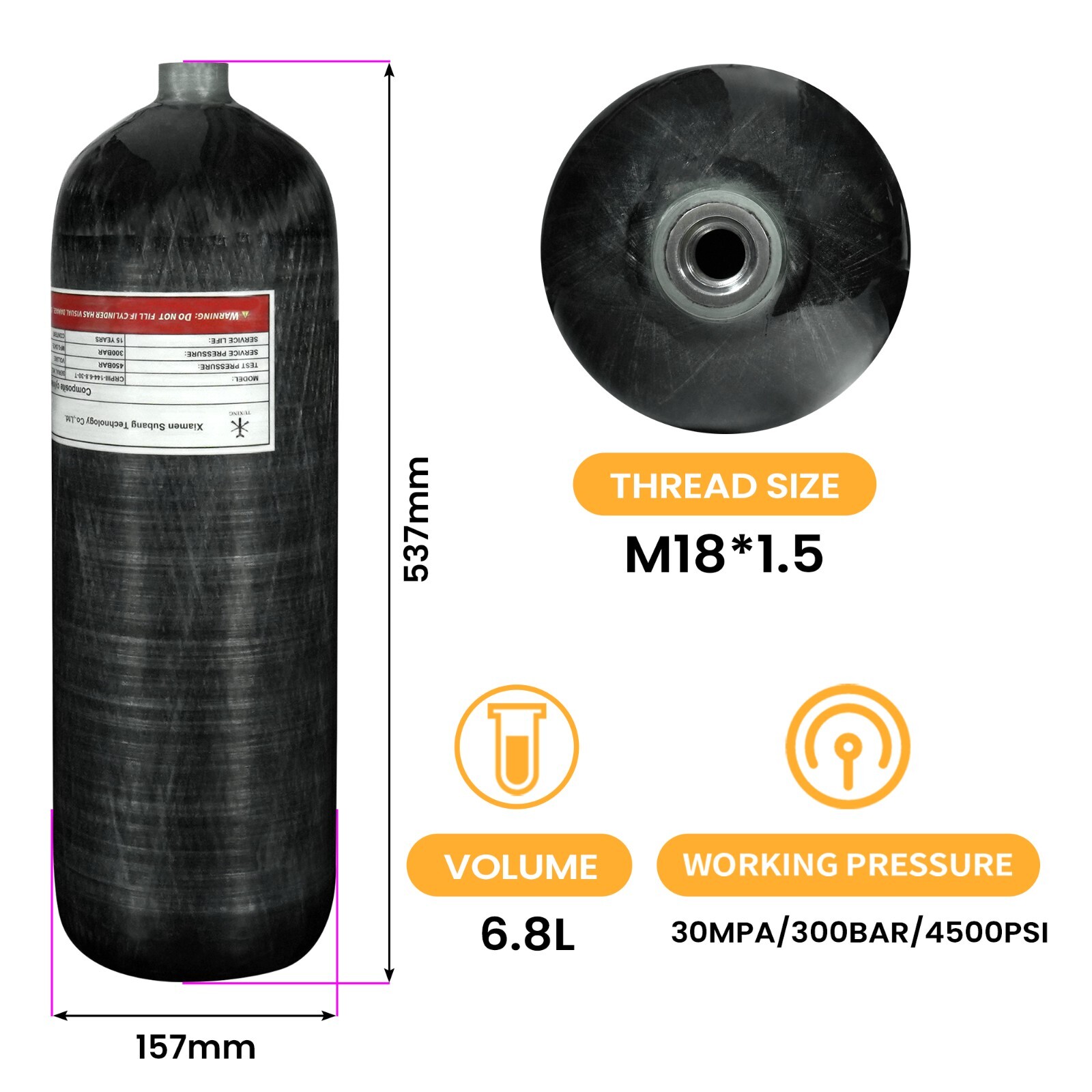 TUXING 4500Psi Carbon Fiber Scuba Tank 6.8L High Pressure Composit Diving Tank