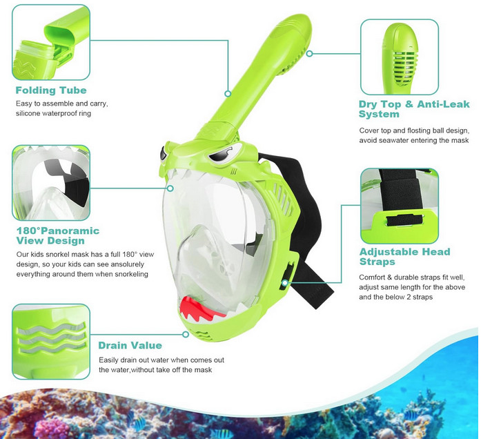Snorkel Mask for Kids, 180 degrees, Full Face, Green Shark-Style