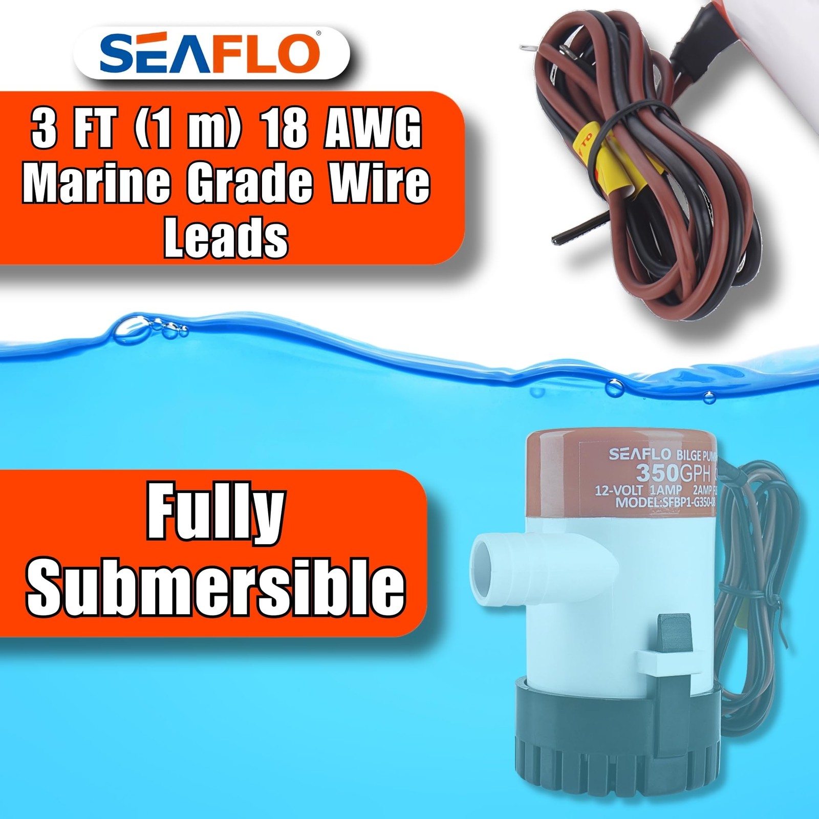 SEAFLO 01 Series 350 GPH Bilge Pump – 12V, 3/4″ Outlet, White, Orange, Black