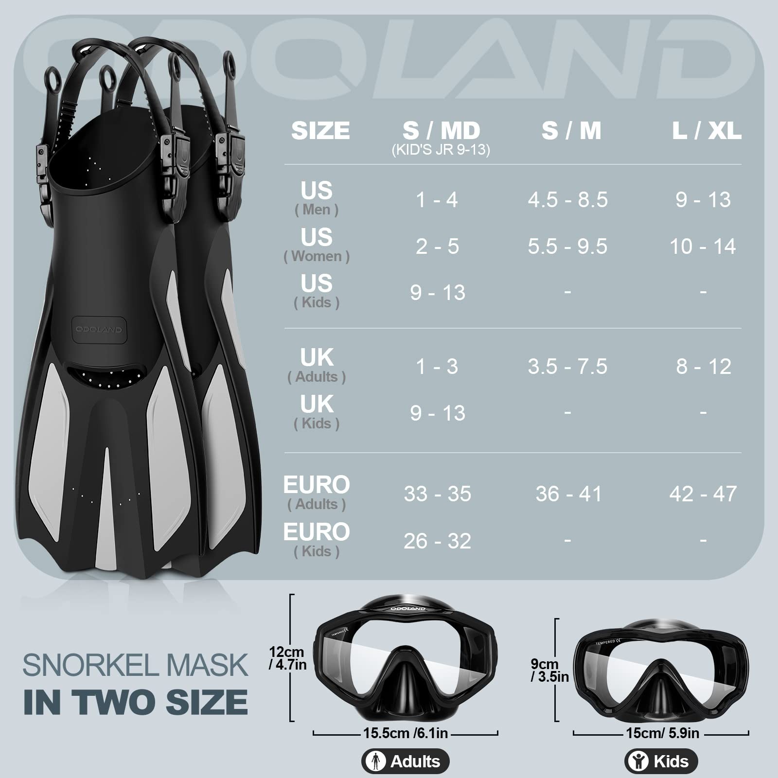 Odoland Adult Snorkel Set, Snorkeling L/XL (US Men 9-13/ Women 10-14), Black