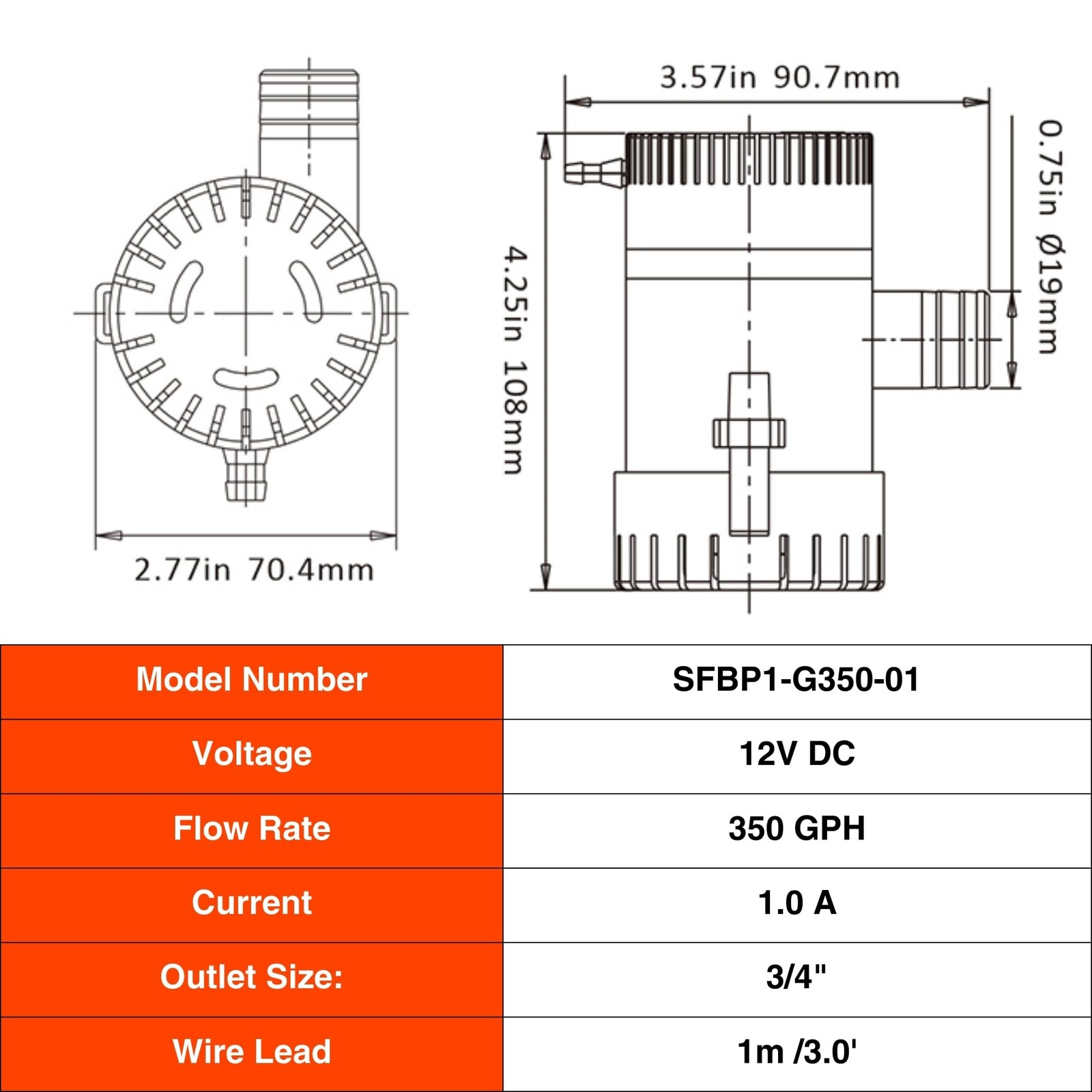 SEAFLO 01 Series 350 GPH Bilge Pump – 12V, 3/4″ Outlet, White, Orange, Black