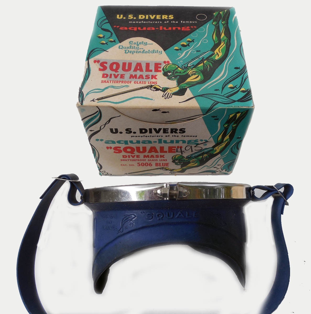 1956 US DIVERS BLUE SQUALE MASK NEW IN ORIGINAL BOX with BEAUTIFUL GRAPHICS