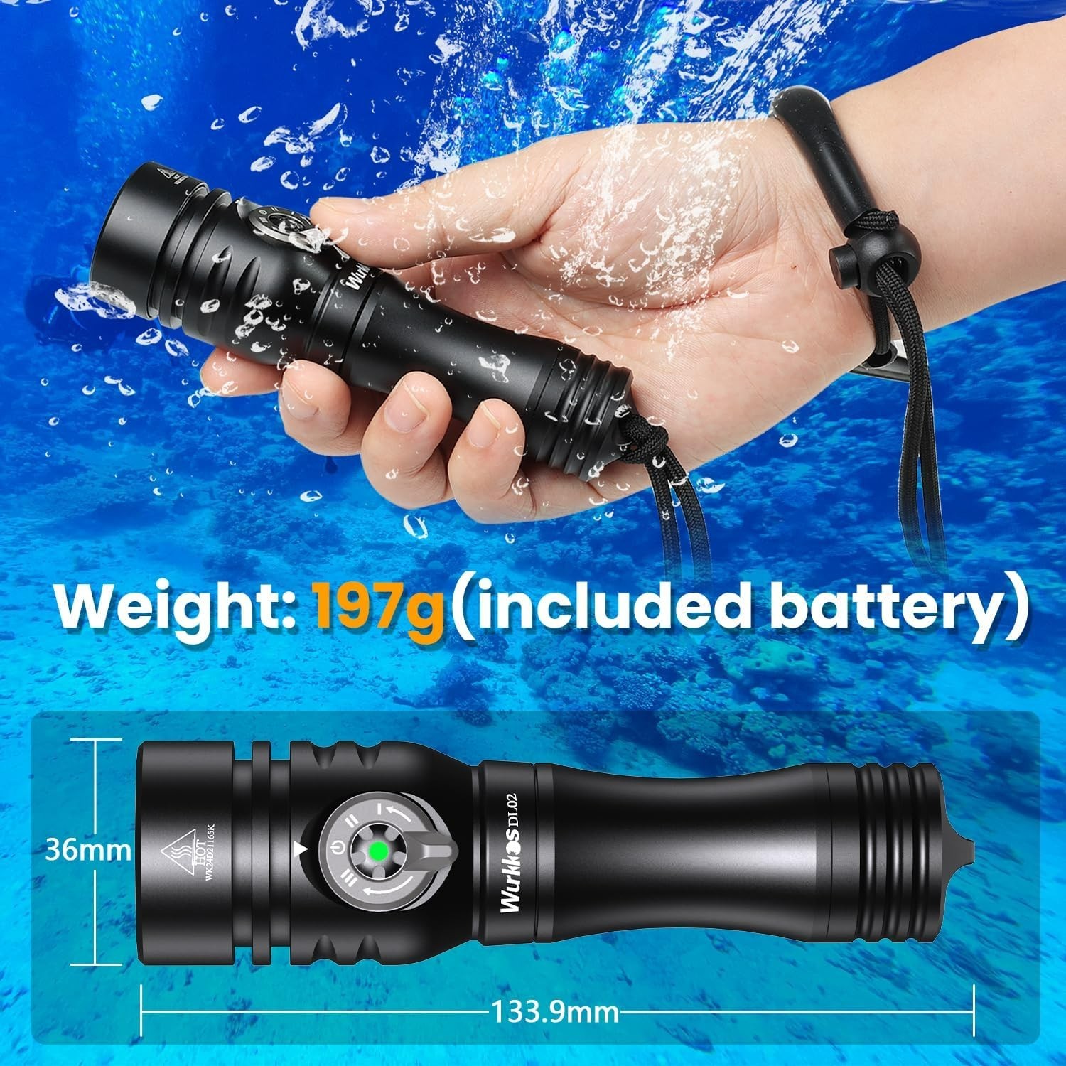 DL02 Scuba Diving Light,3000 Lumens 6500K Dive Light with Rotary Magnetic Switch