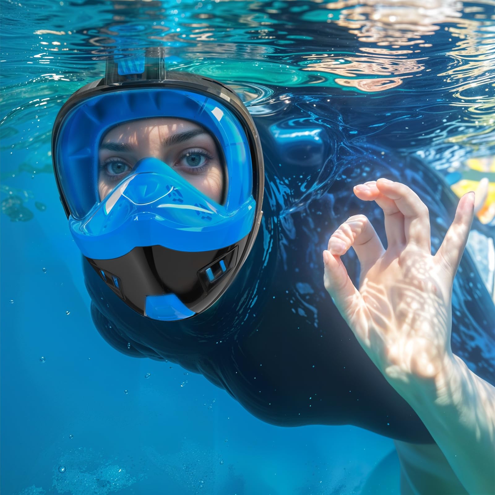 Full Face Snorkel Mask, Snorkeling Gear for Large-X-Large, Black Green+Black
