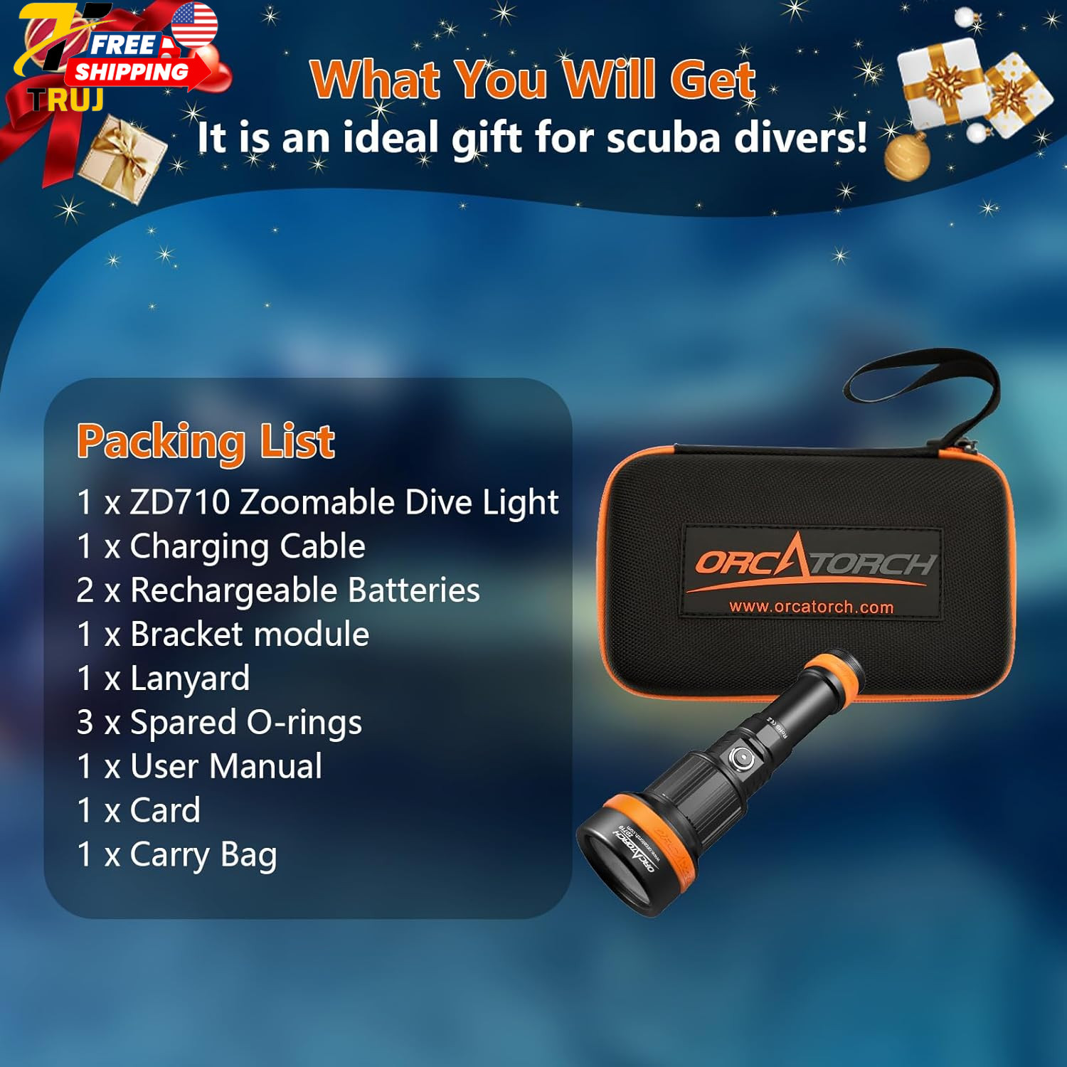 ORCATORCH ZD710 MK2 2-in-1 Zoomable Dive Light 4-72 Degrees Adjustable Beam