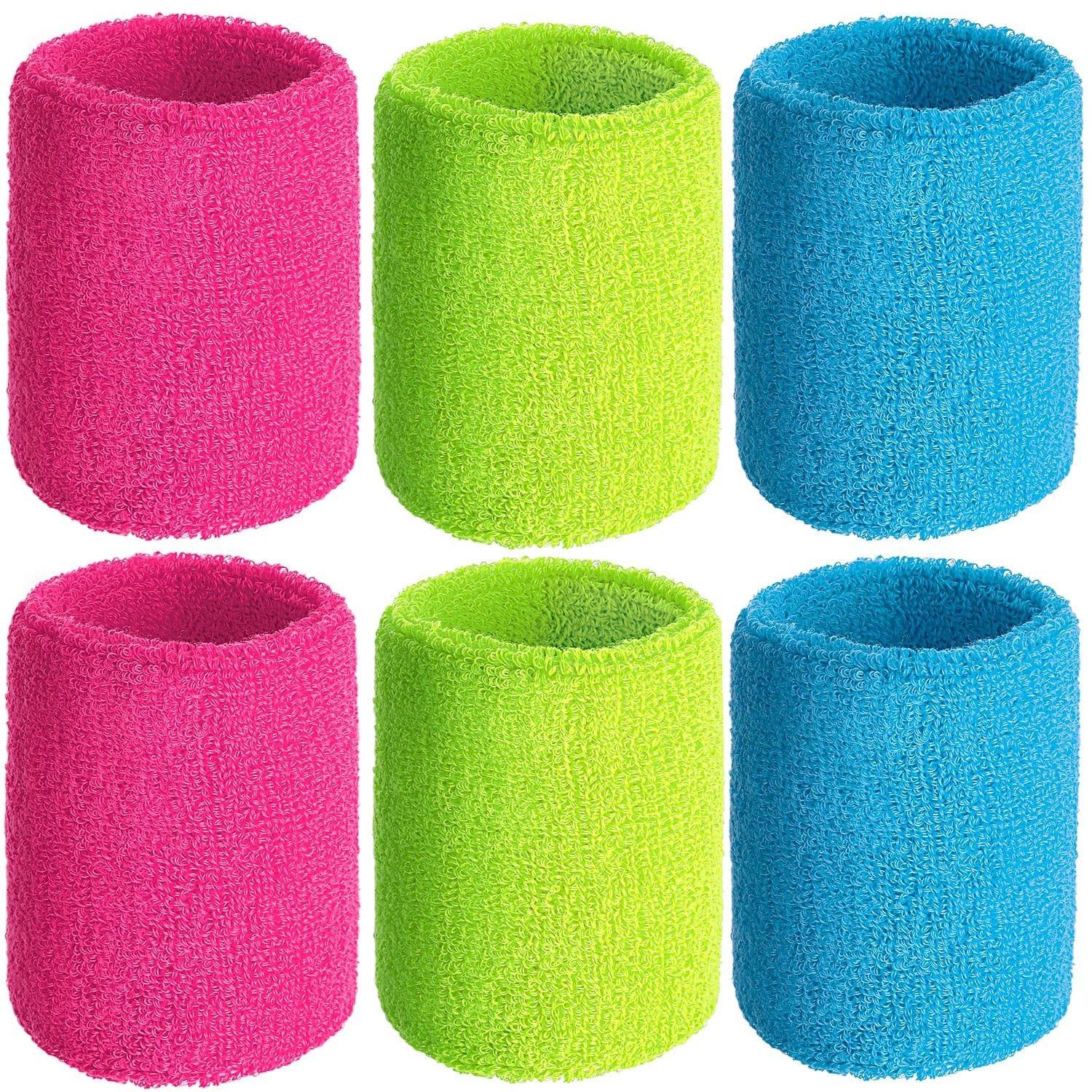 Willbond 6 Pcs Wrist Sweatbands Sports Neon pink, neon green, sky blue