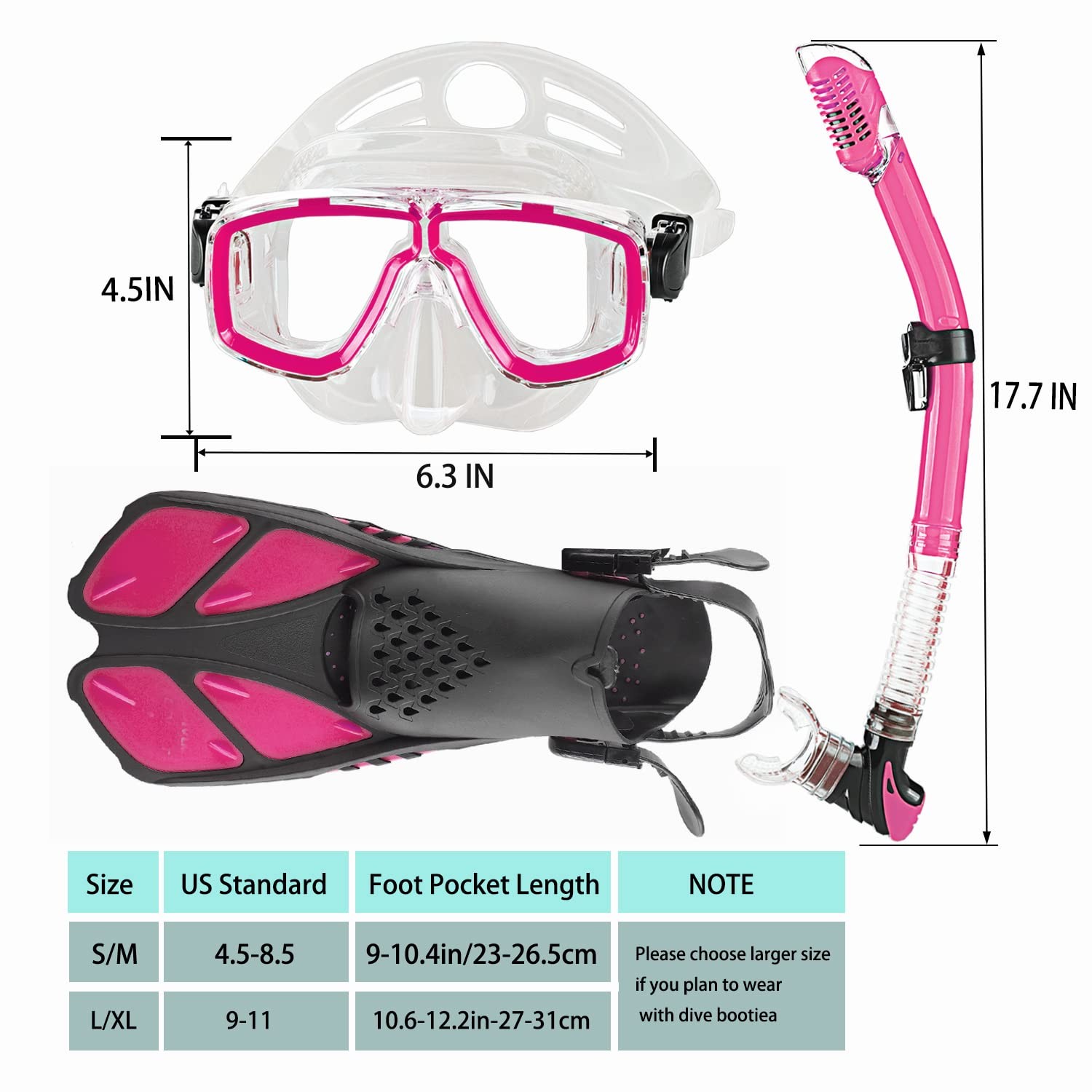 DiVLMT Snorkeling Gear for Adults with US Men 4-8.5 | Lady 6-9.5, Pink