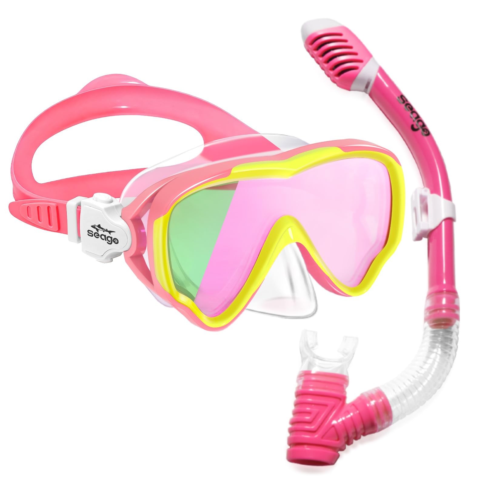 Seago Kids Snorkel Set Dry Top Mask Snorkeling One Size, Mirror Pink
