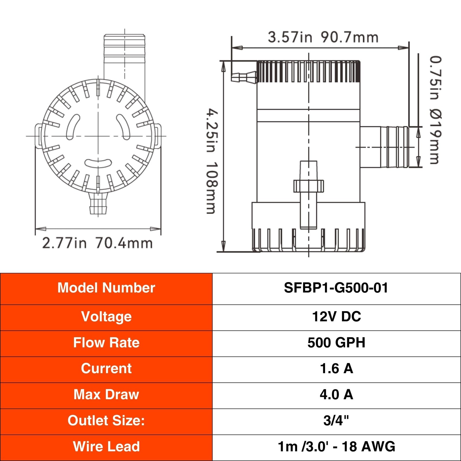 SEAFLO 01 Series 500 GPH Bilge Pump – 12V, 3/4″ Outlet, Marine Black