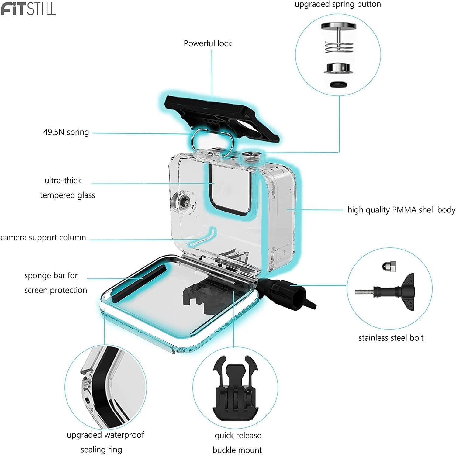 FitStill 148FT/45M Waterproof Housing for Go Pro Hero 7 /6/5/HD (2018) Black