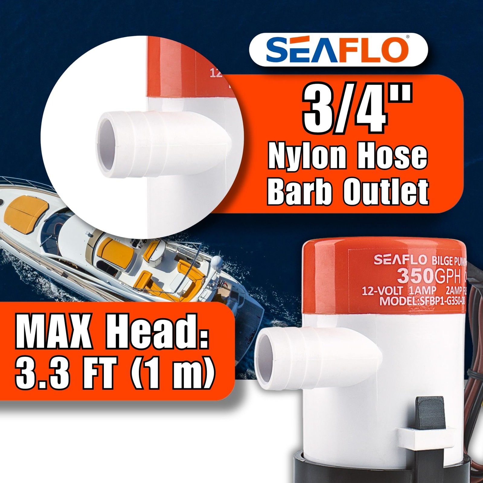 SEAFLO 01 Series 350 GPH Bilge Pump – 12V, 3/4″ Outlet, White, Orange, Black