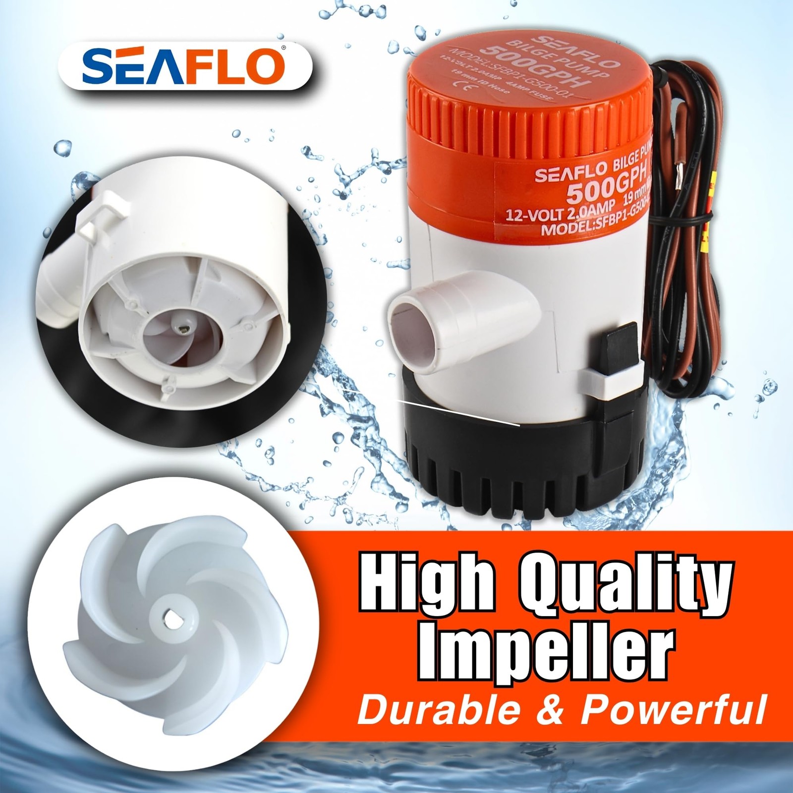 SEAFLO 01 Series 500 GPH Bilge Pump – 12V, 3/4″ Outlet, Marine Black