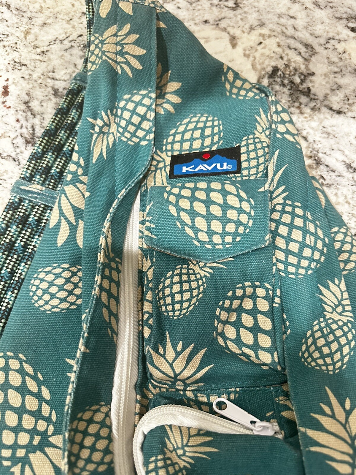 KAVU Original Rope Bag Sling Crossbody Teal Cream Purse, Pineapple Passion
