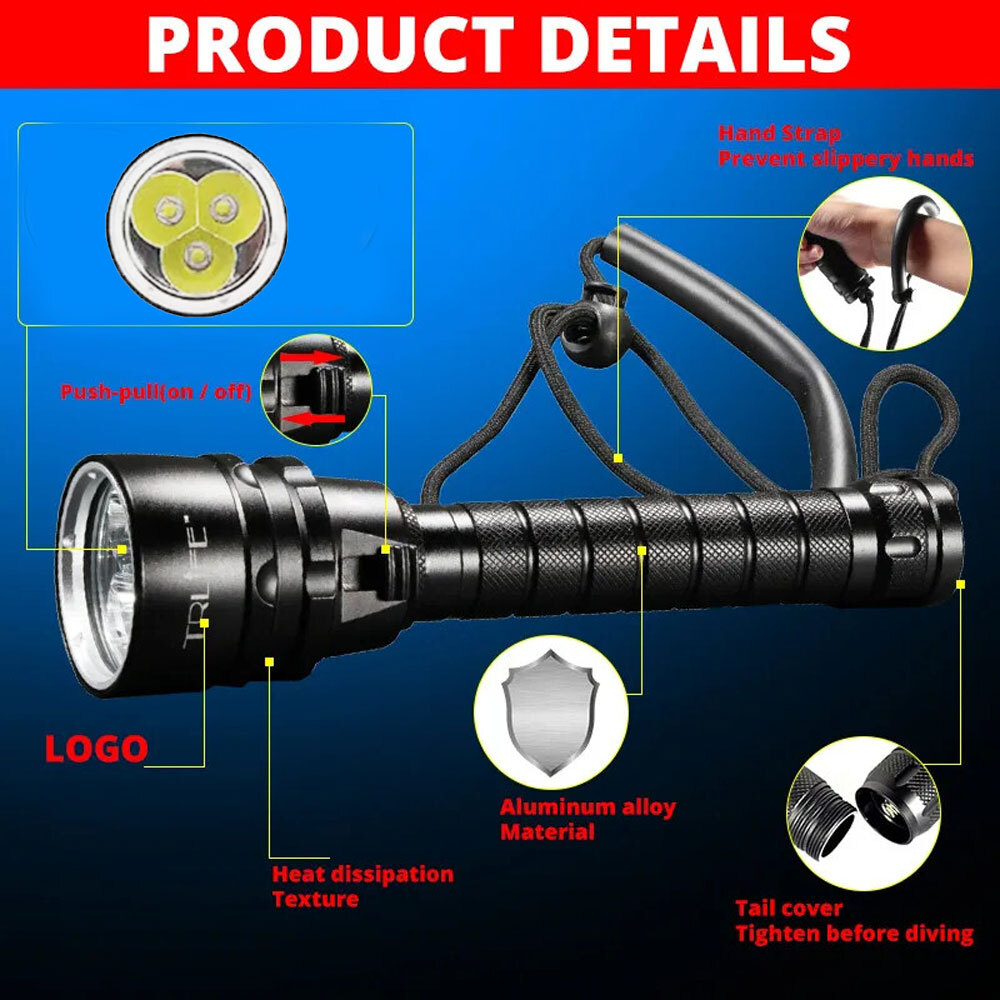 3leds Waterproof 5000LM LED Scuba Diving Flashlight Torch Light Underwater 100M